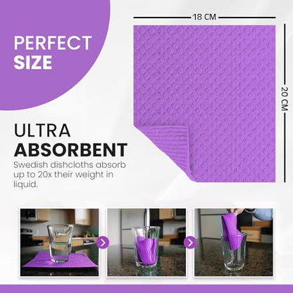 Swedish DishCloths - 10 Pack (Purple), (German Material) Reusable Cellulose Sponge Cloth for Kitchen - Household, Highly Absorbent, No-Odor Dishcloth - color: 005 Purple