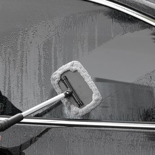 Polyte Pivoting Windshield Glass Cleaning Tool Extendable Aluminum Handle w/3 Premium Microfiber Covers