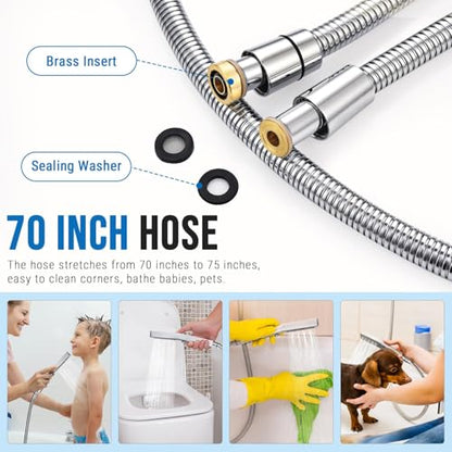 G-Promise All Metal Handheld Shower Set with 3-Function Showerwand, included Handheld Holder to Control on/off Switch and 70 Inch Tangle-Free Stainless Steel Hose Chrome - color: Chrome
