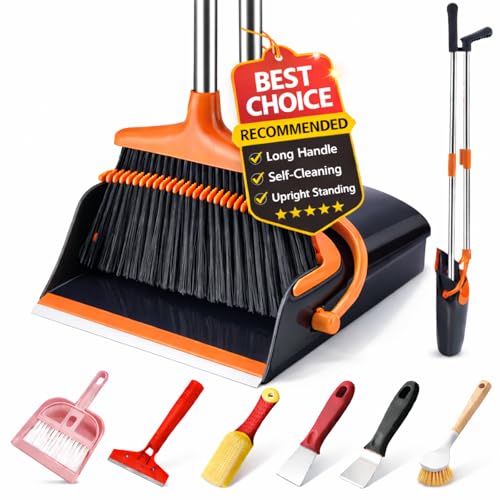 Broom and Dustpan Set with Long Handle, Upright Standing Self-Cleaning Combo, Windproof Dustpan with 6 Bonus Cleaning Tools for Pet Hair, Home, Kitchen, Garage & Apartment - color: Orange&black