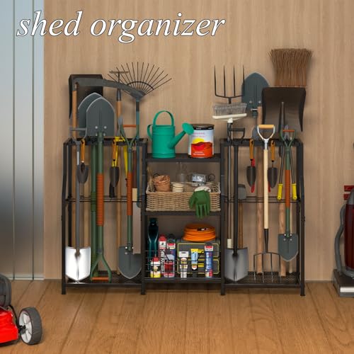 keomaisyto Garden Tool Organizer, Heavy Duty Yard Tool Tower Rack for Garage Organization and Storage, 3 Tier Utility Garden Tool Rack with hooks for Garden/Shed/Garage/Yard/Basement/Lawn - size: XXL-48.45"W x 11.42"D x 30.32"H