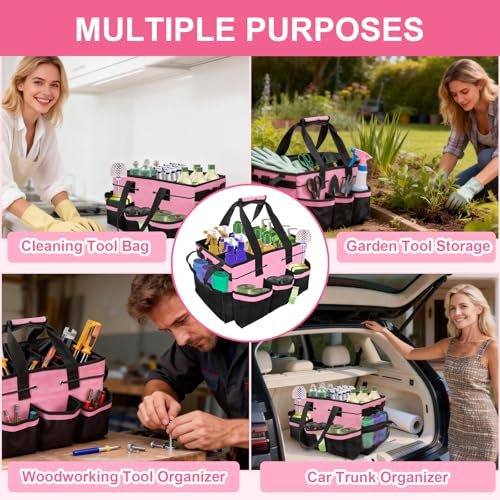Large Cleaning Caddy Bag – Cleaning Supply Organizer Bag with Handle & Adjustable Shoulder Strap for Housekeepers, Professional Home, Apartment & Office Cleaning, Soft Portable Tote (Pink)