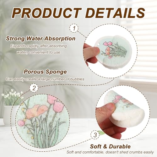 uxcell 6Pcs Cellulose Sponges, Round Kitchen Clean Sponges Non-Scratch Compressed Dish Scrubber with Floral Pattern for Kitchen Household Cookware Bathroom Cleaning & DIY, Blue - color: Blue