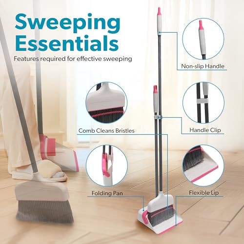 BLACK+DECKER Butler Broom & Dustpan Set - Stand-Up Design - Lightweight, Space-Saving Combo for Kitchen, Living Room, Bathroom, Lobby Floors - Home Cleaning Essential, White/Pink - size: White/Pink Butler Broom & Dustpan