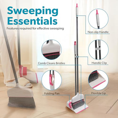 BLACK+DECKER Butler Broom & Dustpan Set - Stand-Up Design - Lightweight, Space-Saving Combo for Kitchen, Living Room, Bathroom, Lobby Floors - Home Cleaning Essential, White/Pink - size: White/Pink Butler Broom & Dustpan