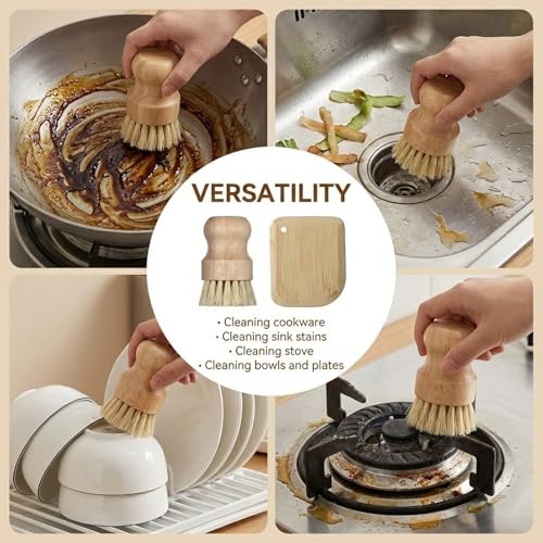 2 Pack Bamboo Dish Scrub Brush with Bamboo Pan Scraper Pot Scraper Non-Scratch Dish Scrapers Kitchen Cleaning Tools for Cast Iron Skillets, Cookware, Dishes, Pans Bowls, Plates and Pots