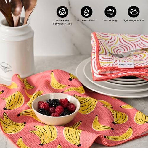 RECYCO Waffle Kitchen Towel Set of 2 - Quick Dry Microfiber Sustainable Dish Towels - Ultra Absorbent Reusable Cleaning Tea Towels - Lightweight Hand Towels,16”x 28”, Banana Joy - color: Banana Joy
