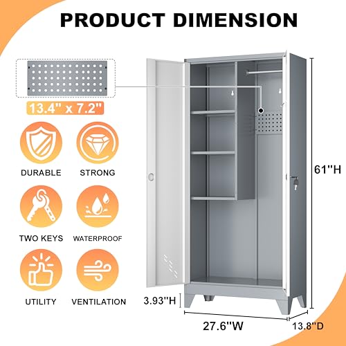Broom Closet Storage Cabinet, Metal Garage Storage Cabinet with 2 Doors & Pegboard, 61" Utility Cabinet with Hanging Rod, Tool Cabinet for Garage, Laundry Room, Home Office, White-Gray - size: 61" Garage Cabinets