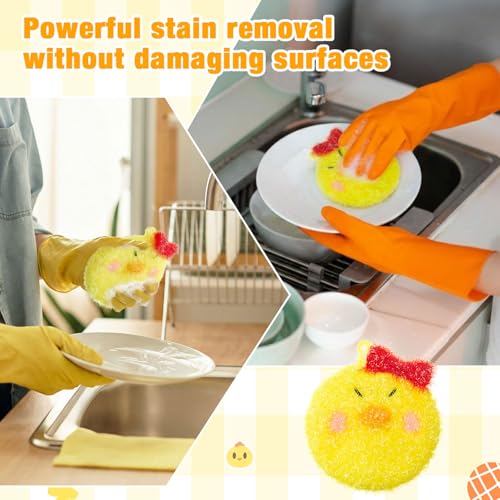 Breling 6 Pieces Chick Shape Dish Sponge Dual Sided Non Scratch Dish Washing Scrubbers, Reusable Household Cleaning Kitchen Tools for Dishwashing Washing Dishes Cookware - style: Chicken