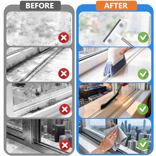 XANGNIER Window Screen Cleaner & Track Cleaning Kit-Mesh Screen Cleaner Brush with Extension Pole,Window Sill and Track Cleaner Tool Washing Equipment,28″Detachable Long-Reach Handle,Wet&Dry Dual-Use