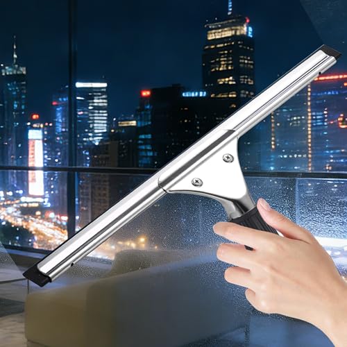 14-inch Squeegee for Shower Glass & Window Cleaning, Professional Stainless Steel Squeegee with Durable Handle for Streak-Free Glass, Mirror, Tile & All Smooth Surfaces - color: Black+silver