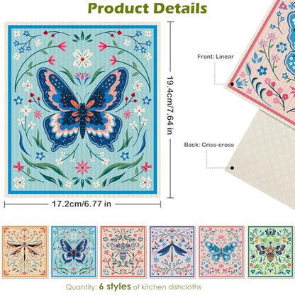6 Packs Swedish Paper Cloths for Kitchen, Reusable Paper Towels Washable Dish Rags, Highly Absorbent Kitchen Towels Quick Drying Swedish Sponge Cleaning Dish Cloths (Insects Floral) - color: Flying Animals