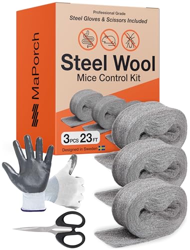 Steel Wool Mice Control 3-pc, Mouse Hole Filler, Scissors & Gloves, MaPorch | 22.5ft Total - Sharp, Strong & Expanding - Fits All Gaps - Immediate Install - Block Rats, Rodents, Bugs & Squirrels - size: 3-Pack
