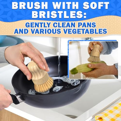5 Pcs Bamboo Dish Brush Set – Bamboo Dish Scrubber with Soft & Stiff Non-Scratch Bristles, Ergonomic Handle, Replacement Head Included – Lightweight Kitchen Scrubber for Pots, Bottles & Vegetables