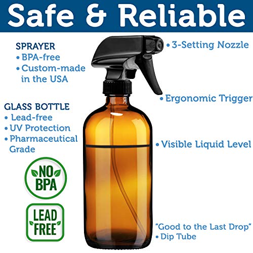 Sally's Organics Empty Amber Glass Spray Bottle - Large 16 oz Refillable Container for Essential Oils, Cleaning Products, or Aromatherapy - Black Trigger Sprayer w/Mist and Stream Settings - 6 Pack