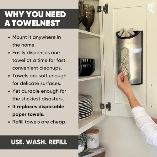 TowelNest Microfiber Cloth Dispenser | 15 Reusable Cloths (Slate Blue) | Eco-Friendly Paper Towel Alternative | Absorbent & Washable | Wall/Cabinet Mount (3M Adhesive & Screws Included) - color: Blue, size: Dispenser + 15 Cloths