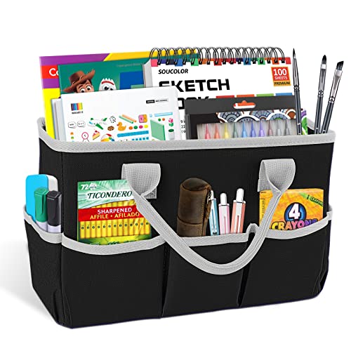 Desktop Tote and Stock Organizer, Teacher Helper Tote Bag Organization for Arts, Books, Stationery, Office Desk Organizer, Make-up Storage Tote with Handles for Travel, Black-Gray - color: Black-Gray