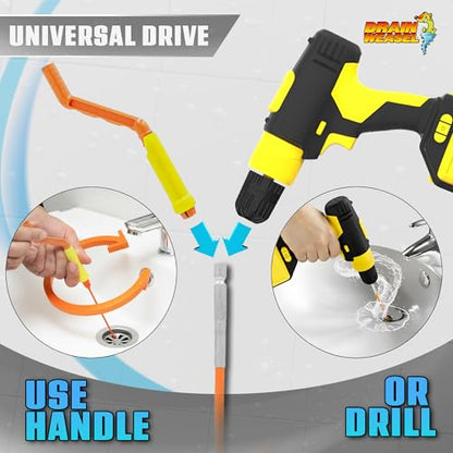 FlexiSnake Drain Weasel PowerSnake Drain Hair Clog Remover Tool – Plumbing Snake Auger for Cleaning Shower, Tub, Bathroom with Drill Connector, Rotating Handle and 3 Wands, 36 Inches Long Made in USA