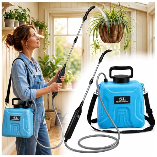 High Reach Plant Waterer with Spray Can - Electric Water Sprayer with Telescopic Wand and Water Hose, 180° Adjustable Nozzle 5L Watering Can for High Hanging Plants