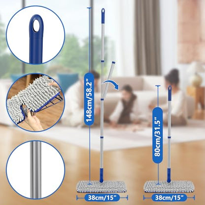2-Sided Microfiber Dust Mop for Hardwood Floors & Walls | Flat Flip Head, Wet Dry Use, 3 Chenille & Microfiber Pads, 58" Handle, 360° Swivel, Sweep Pet Hair, Tile, Laminate, Kitchen - size: 15" Mop-B