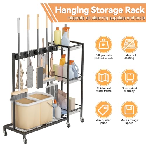 Cleaning Cart on Wheels,Broom Holder with Cleaning Supplies Organizer,10 Grippers, 4 Double-sided Hooks, 3-tier Shelves Broom and Mop Utility Carts for Laundry, Garage, Tool Room Black