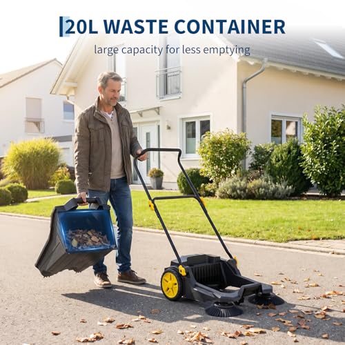 Walk Behind Hand Push Sweeper, 25.6" Manual Push Floor Sweeper, 5-Gallon Waste Container, Angle & Height Adjustable Folding Handle for Walkway, Yard, Garage, Patio