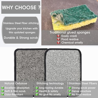 METUUTER 12 Packs Kitchen Sponges Stitching with Stainless Steel Fibers - 5.5x4 in Soft Cleaning Sponge for Non-Stick Pans, Dishes & Tough Grease Odor-Resistant, Durable Dish Sponges - color: Darkgray
