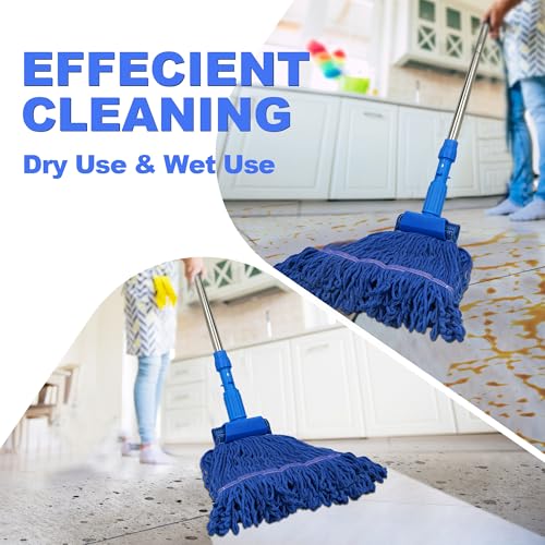 NEWE Commercial Mop for Floor Cleaning, Heavy Duty Industrial Mops with 55 inches Long Handle, Looped-End Wet Dry String Mop for Hardwood Tile Concrete Home Kitchen Office Garage (Blue)
