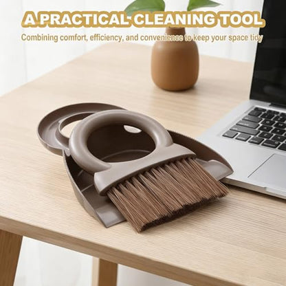 Mini Broom and Dustpan Set with Round Handle, Compact Small Hand Broom with Soft Bristles for Kitchen Counter, Desk, Drawer, Pet Area & Car Interior, Space-Saving Portable Cleaning Tool (Coffee) - color: Coffee