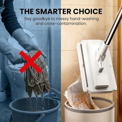 Snap Grip Flat Mop for Floor Cleaning, Hand-Free Wet Dry Sweeper 360° Swivel Head, Reusable Cloth Locking Design, Long Handle for Hardwood, Tile, Laminate, Walls (1 Mop+2 Packs Cleaning Cloth)