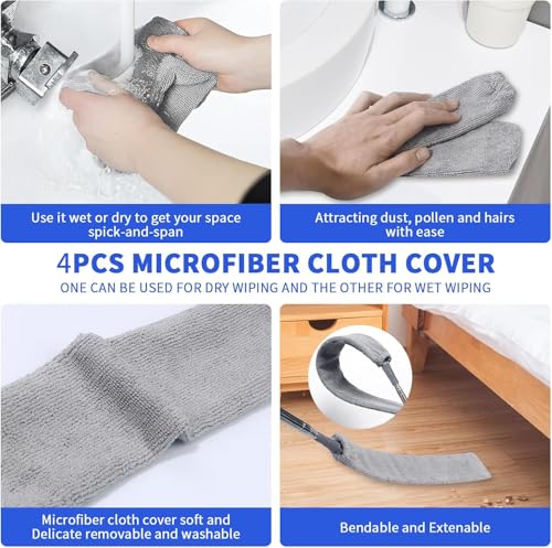 Retractable Gap Dust Cleaner, Extendable Gap Duster with 4 Microfiber Dusting Cloths Long, Under Appliances Cleaning Tools with Extendable Pole,Under Refrigerator, Furniture, High Ceiling