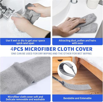 Retractable Gap Dust Cleaner, Extendable Gap Duster with 4 Microfiber Dusting Cloths Long, Under Appliances Cleaning Tools with Extendable Pole,Under Refrigerator, Furniture, High Ceiling