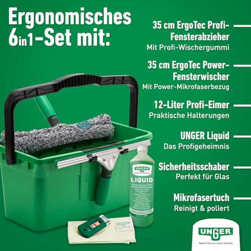 Unger AK015 Window Cleaning Kit PRO Set - Power Washer Sleeve, ErgoTec Squeegee, Bucket 18L, Liquid Glass Cleaner 1L, Safety Glass Scraper, Microfibre Cloth - Professional Window Cleaner, Green