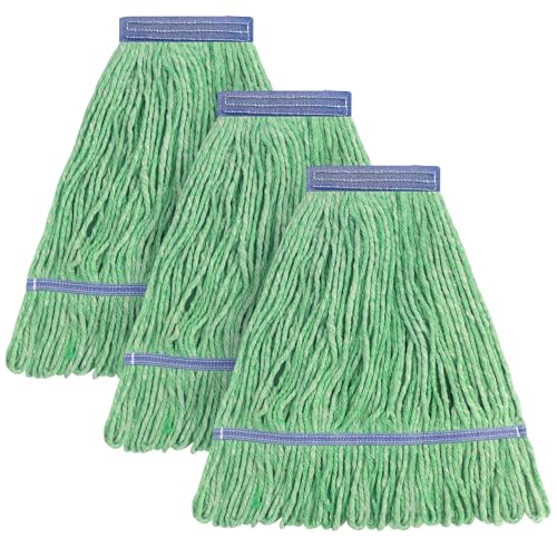 Matthew Cleaning Heavy Duty Mop Head Commercial Replacement for General and Floor Cleaning , Wet Industrial Blue Cotton Looped End String Head Refill (Pack of 3) Green - color: Green, size: 3 Count