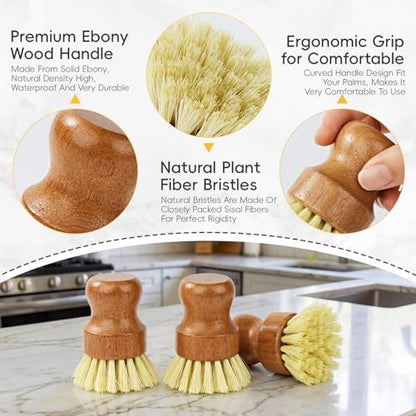 DEBETOOL 3-Pack Wooden Dish Brush - Natural Dish Scrubber & Vegetable Brush with Sisal Bristles, Kitchen Scrub Brush for Pots Pans & Vegetables