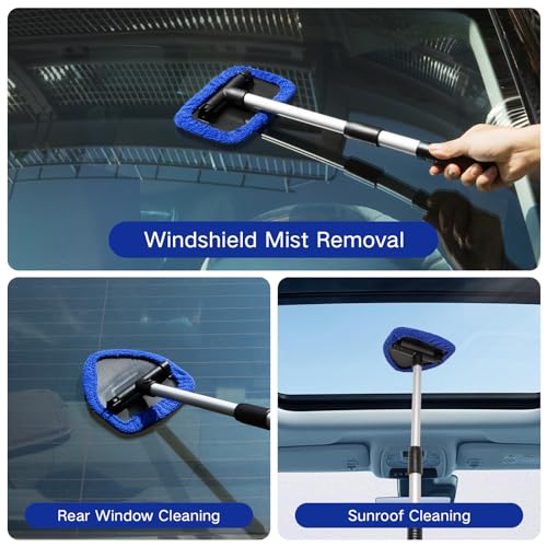 Qydipclin 10pcs Windshield Cleaner Tool, Car Window Cleaning Wash Kit with 4 Reusable Microfiber Pads 1 Spray Bottle and Extendable Handle Auto Glass Wiper Kit, Multicolor - color: Blue & Green & Gray & Red