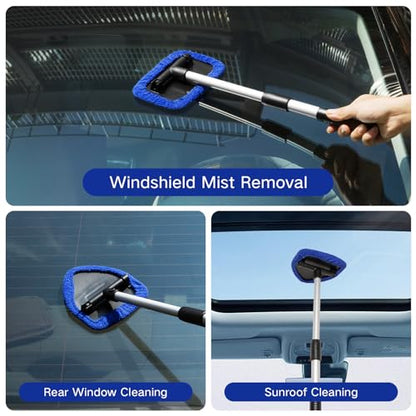 Qydipclin 10pcs Windshield Cleaning Tool Inside Car Window Cleaner Wash Kit with 4 Reusable Microfiber Pads 1 Spray Bottle and Extendable Handle Interior Auto Glass Wiper Kit, Blue&Green - color: Blue & Green