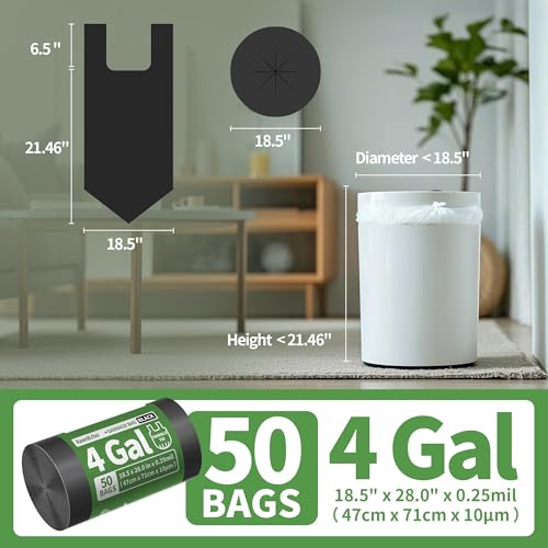 Small Trash Bags with Handles - Ocean Plastic Upcycling - Plastic Garbage Bags, Can Bin & Waste Basket Liner for Kitchen, Bathroom, Office and Pets,4 Gallon 50 Count Black - color: 4Gal Black, size: 1 ROLL