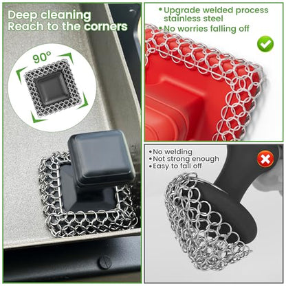 TOPULORS Cast Iron Scrubber Cleaner & 316L Stainless Steel Chainmail Scrubber with 2 Scrapers, Ergonomic Silicone Handle Brush for Pans Skillets Grills Dishes Cleaning - Non-Scratch Rust-Proof - Red