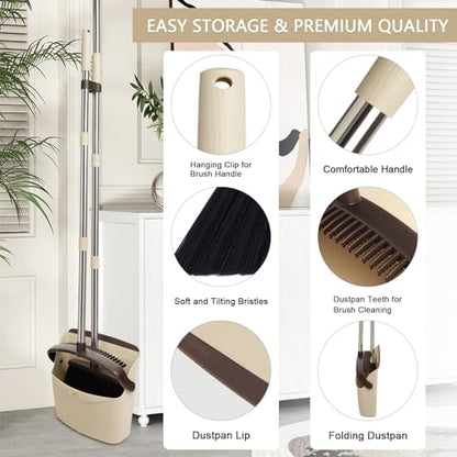 Broom and Dustpan Set, Dustpans with Broom Combo for Home, Heavy Dust Broom and Dustpan Combo, Long Handle Dust Pan and Broom Set for Kitchen, Office, Pet Hair,Beige, Pack of 1 - color: Beige
