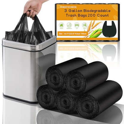 3 Gallon Small Bathroom Trash Bag - Black Mini Garbage Bags With Handles 200 Count Unscented Biodegradable 12 Liter Tiny Waste Basket Liners Kitchen Office Car Strong Thick Bulk Chenyucheng - style: 3gallon Black 200 Count