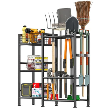 keomaisyto Garden Tool Organizer With Basket - 3 Tier Yard Storage Rack for Garage Organization, Heavy Duty Holder With 35 Long-Handled Slots for Shed, Yard, Garage - size: XL-29.5"W x 12"D x 31.2"H