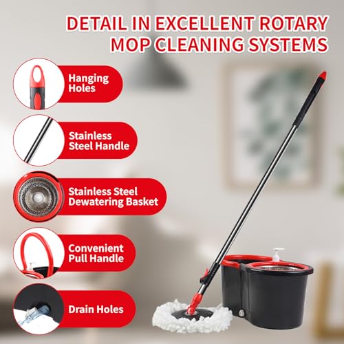 Spin Mop and Bucket with Wringer Set,360° Mop and Bucket System with 3 Microfiber Mop Refills and 59" Extended Handle for Floor Cleaning