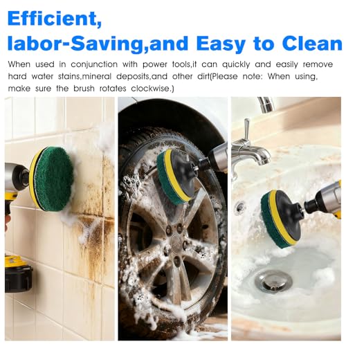 4-Inch Scrub Drill Brush Power Scouring Pads Household Cleaning Set 4 Red Pads 4 Green Pads 1 Drill Attachment and 1 Universal Shaft for Kitchen Bathroom Tiles Bathtubs Glass Porcelain