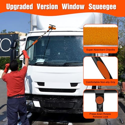Window Squeegee Kit with Extension Pole, 2-in-1 Professional Washer for High Windows, 3-12FT Adjustable Reach, Rotatable Head for Indoor & Outdoor Use, Streak-Free Cleaning Tool for Home