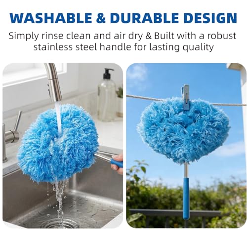 Ceiling Fan Cleaner Duster - Reusable Microfiber Ceiling Fan Blade Cleaner, Long Handle, Dust-Locking, Reusable, Bendable Head Attachment with Soft Grip for Ceiling Fan & High Furniture Surfaces