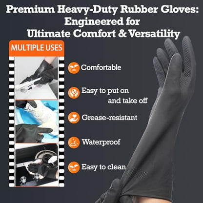 Thick Rubber Cleaning Gloves - 3 Pairs Black Rubber Gloves for Dishwashing Large, Non-Slip Kitchen Gloves for Washing Dishes, Reusable Cleaning Gloves, Waterproof, Heavy-Duty (3P,L) | Reusable & waterproof black/orange dual layers. Non-slip design for dis