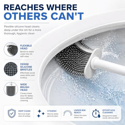 Silicone Toilet Brush and Holder Set with 3 Cleaning Tablets, Quick-Dry Base, Flexible Non-Scratch Bristles, Odor-Free Bathroom Toilet Bowl Cleaner Brush, Compact Space-Saving Design
