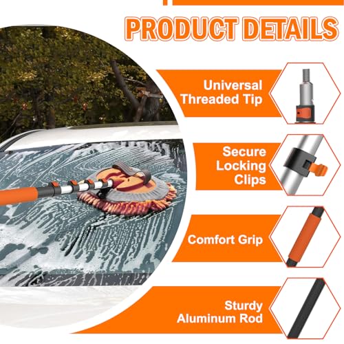 LAANPOLE 16FT Car Wash Brush with Long Handle, Car Cleaning Kit with Soft Bristle Wash Brush, Microfiber Cleaning Mop, Window Squeegee, Mitt, Wheel Brush, Bucket, Drying Towel for RV, Truck, Boat - size: 16FT