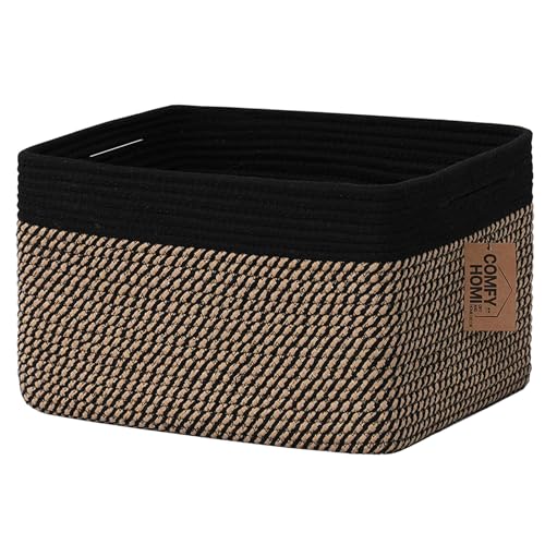 COMFY-HOMI Cotton Rope Woven Basket with Handles for Shelves,Toys,Book, Cloth Storage Baskets Bin for Organizing- 1 PCSToy Decorative Organizer for Living Room, Bathroom - color: Black/Camel, size: 13.5"X11"X9.5"